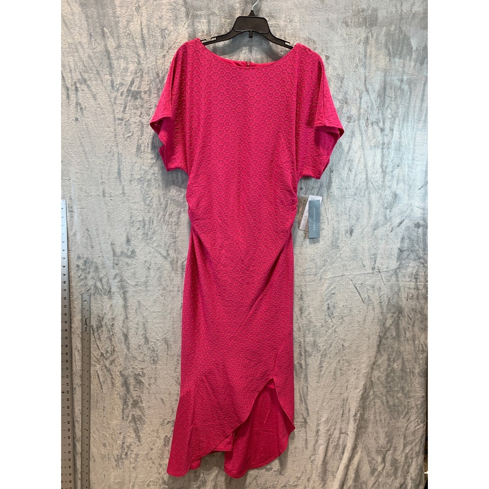 London Times Fuchsia Pink Eyelet Ruched High-Low Midi Dress T7163M Womens 10